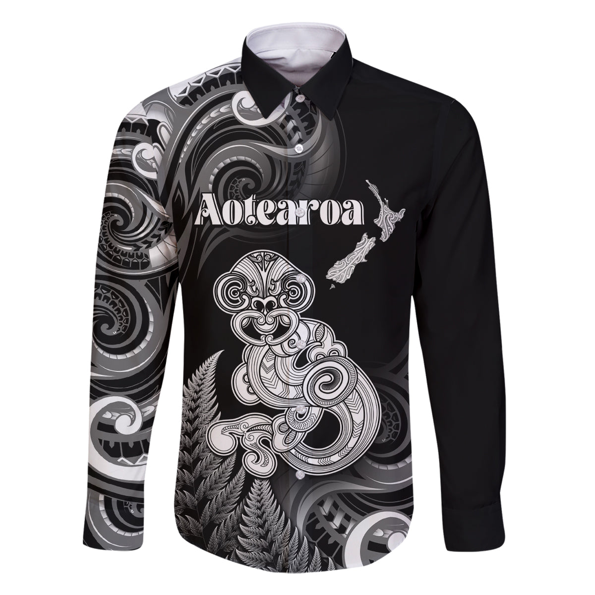Personalised New Zealand Maori Taniwha Family Matching Off Shoulder Short Dress and Hawaiian Shirt Silver Fern Black Version