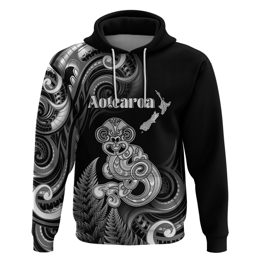 Personalised New Zealand Maori Taniwha Hoodie Silver Fern Black Version