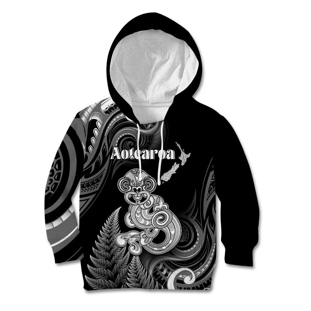 Personalised New Zealand Maori Taniwha Kid Hoodie Silver Fern Black Version