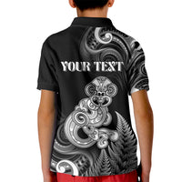 Personalised New Zealand Maori Taniwha Kid Polo Shirt Silver Fern Black Version