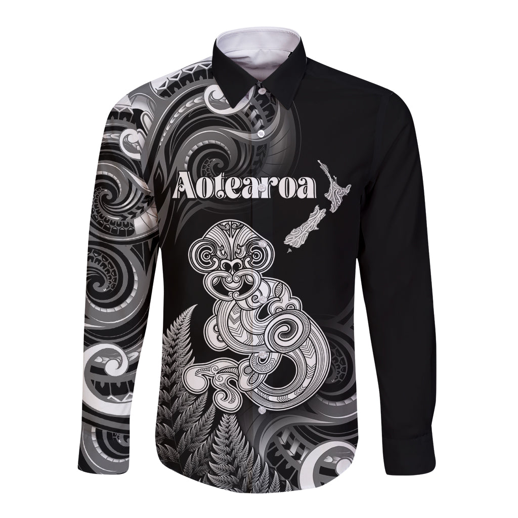 Personalised New Zealand Maori Taniwha Long Sleeve Button Shirt Silver Fern Black Version LT05 Unisex Black - Polynesian Pride