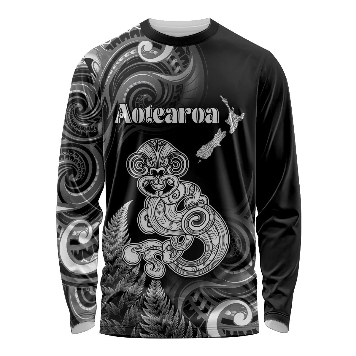 Personalised New Zealand Maori Taniwha Long Sleeve Shirt Silver Fern Black Version LT05 Unisex Black - Polynesian Pride