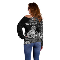 Personalised New Zealand Maori Taniwha Off Shoulder Sweater Silver Fern Black Version