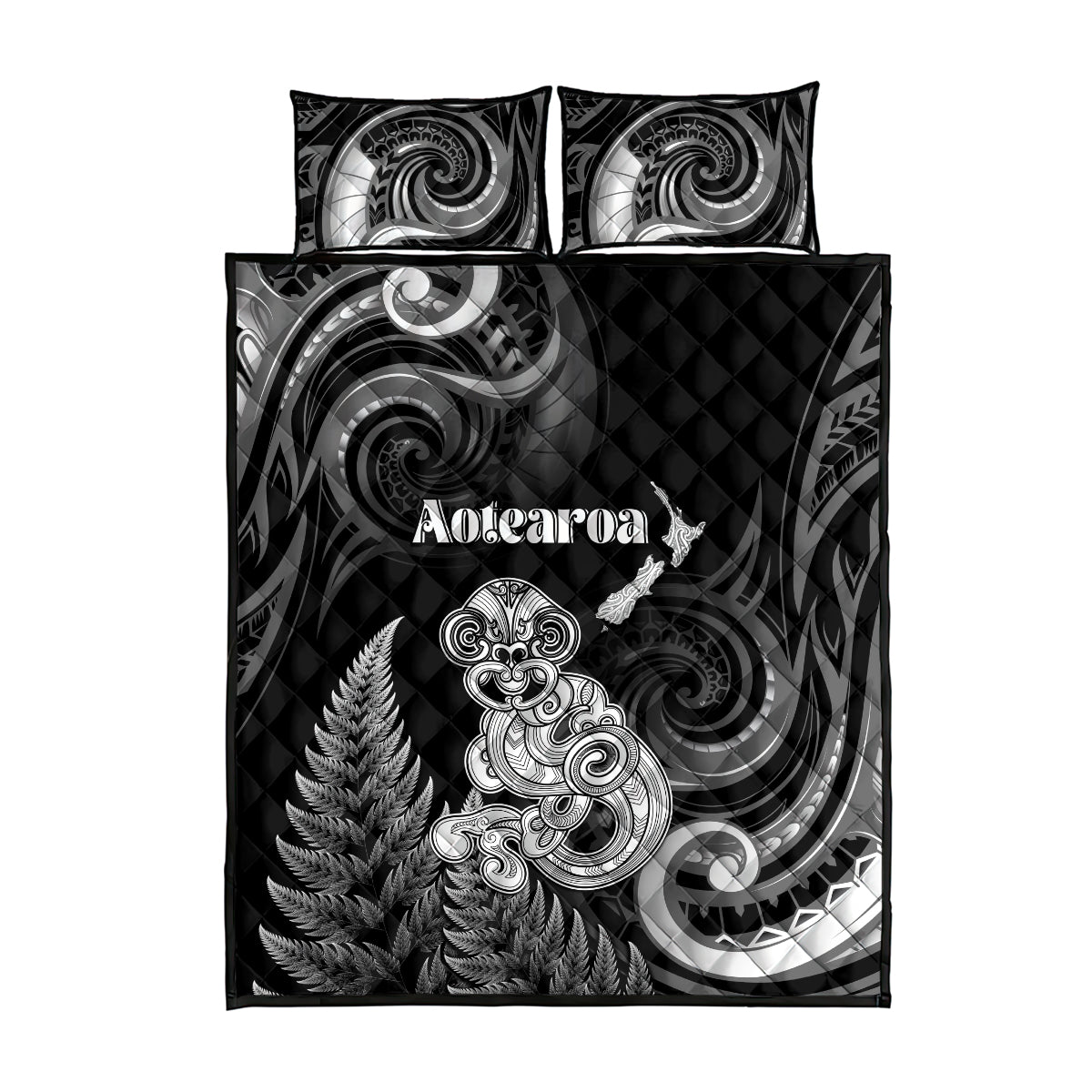 New Zealand Maori Taniwha Quilt Bed Set Silver Fern Black Version