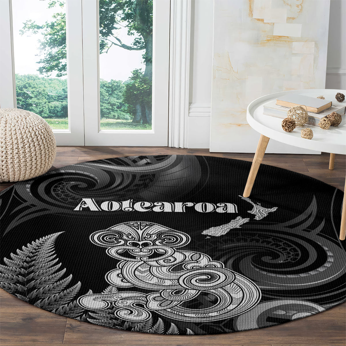 New Zealand Maori Taniwha Round Carpet Silver Fern Black Version