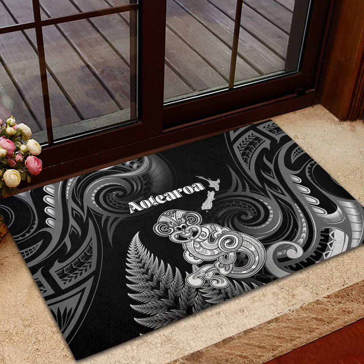 New Zealand Maori Taniwha Rubber Doormat Silver Fern Black Version