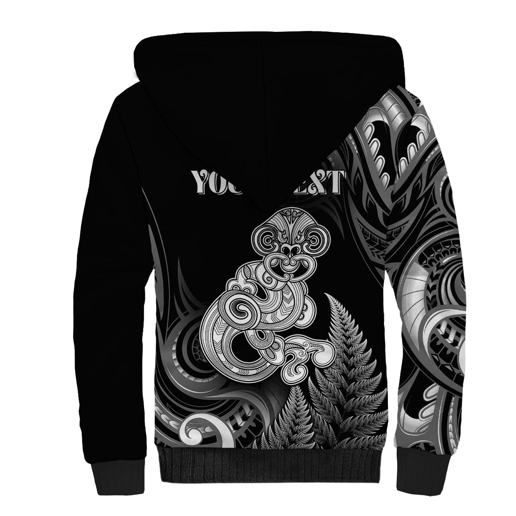 Personalised New Zealand Maori Taniwha Sherpa Hoodie Silver Fern Black Version