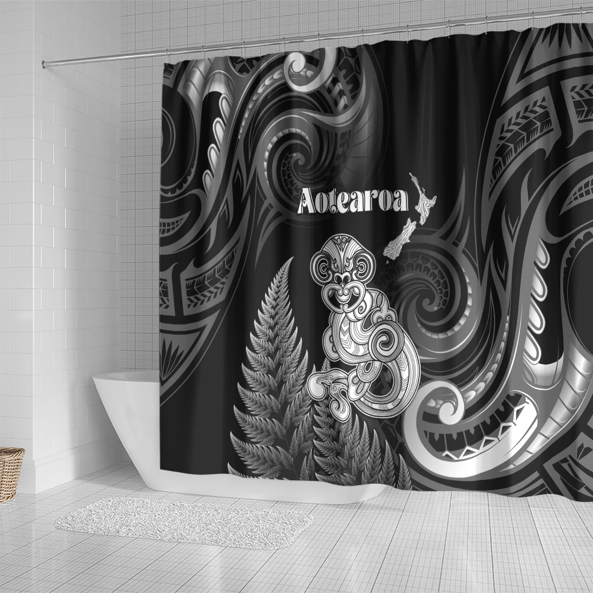 New Zealand Maori Taniwha Shower Curtain Silver Fern Black Version