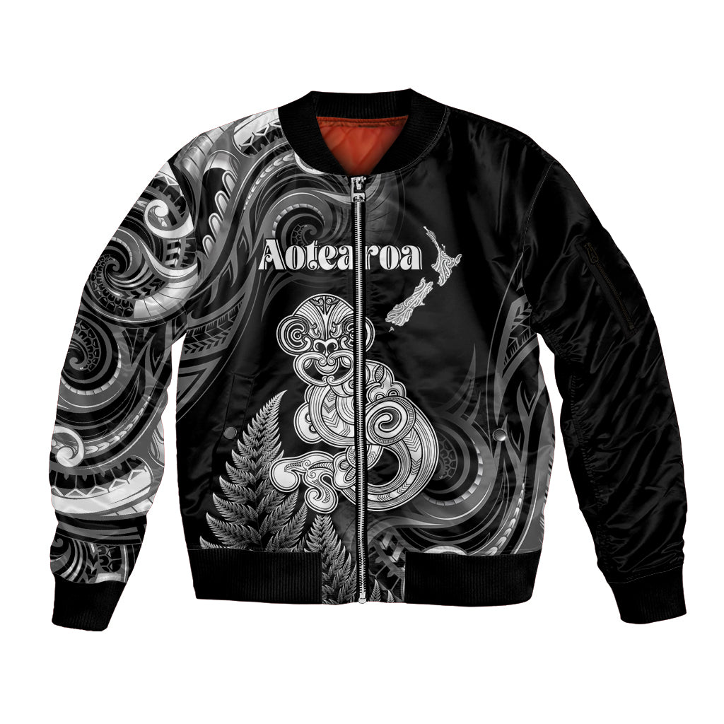 Personalised New Zealand Maori Taniwha Sleeve Zip Bomber Jacket Silver Fern Black Version LT05 Unisex Black - Polynesian Pride