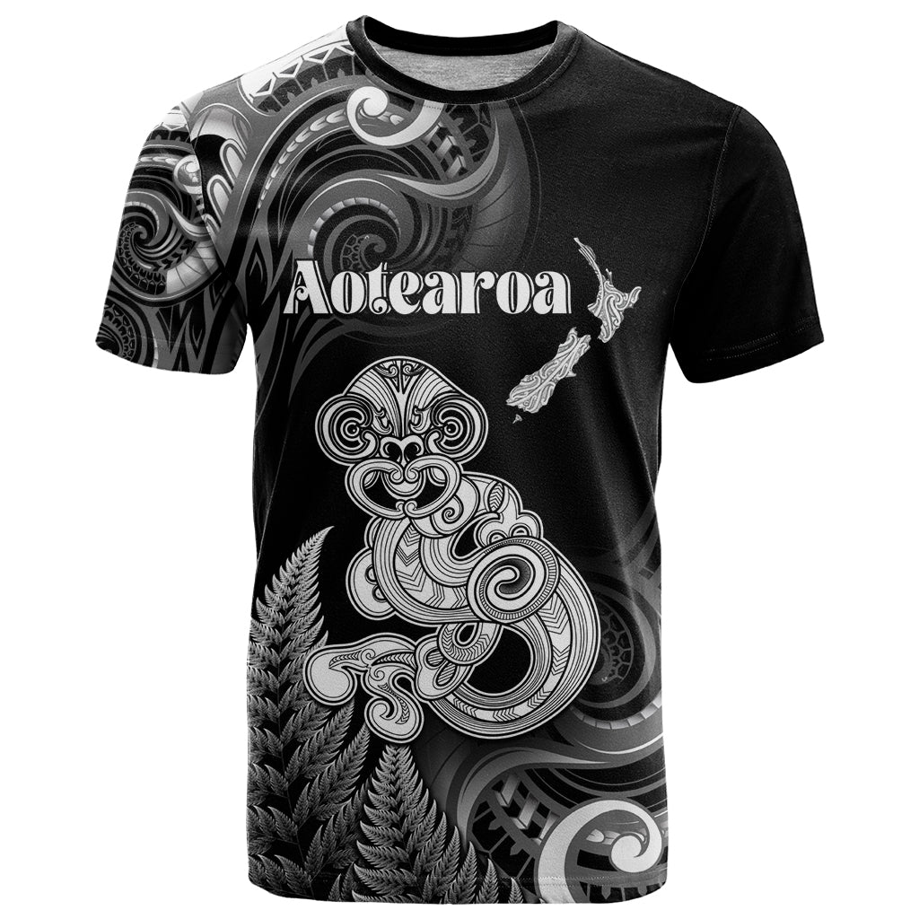 Personalised New Zealand Maori Taniwha T Shirt Silver Fern Black Version LT05 Black - Polynesian Pride