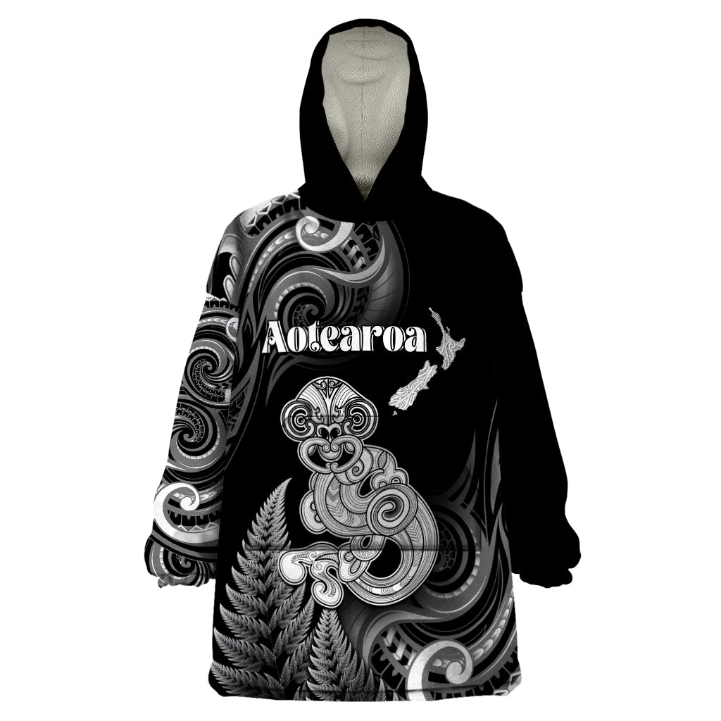Personalised New Zealand Maori Taniwha Wearable Blanket Hoodie Silver Fern Black Version LT05 One Size Black - Polynesian Pride
