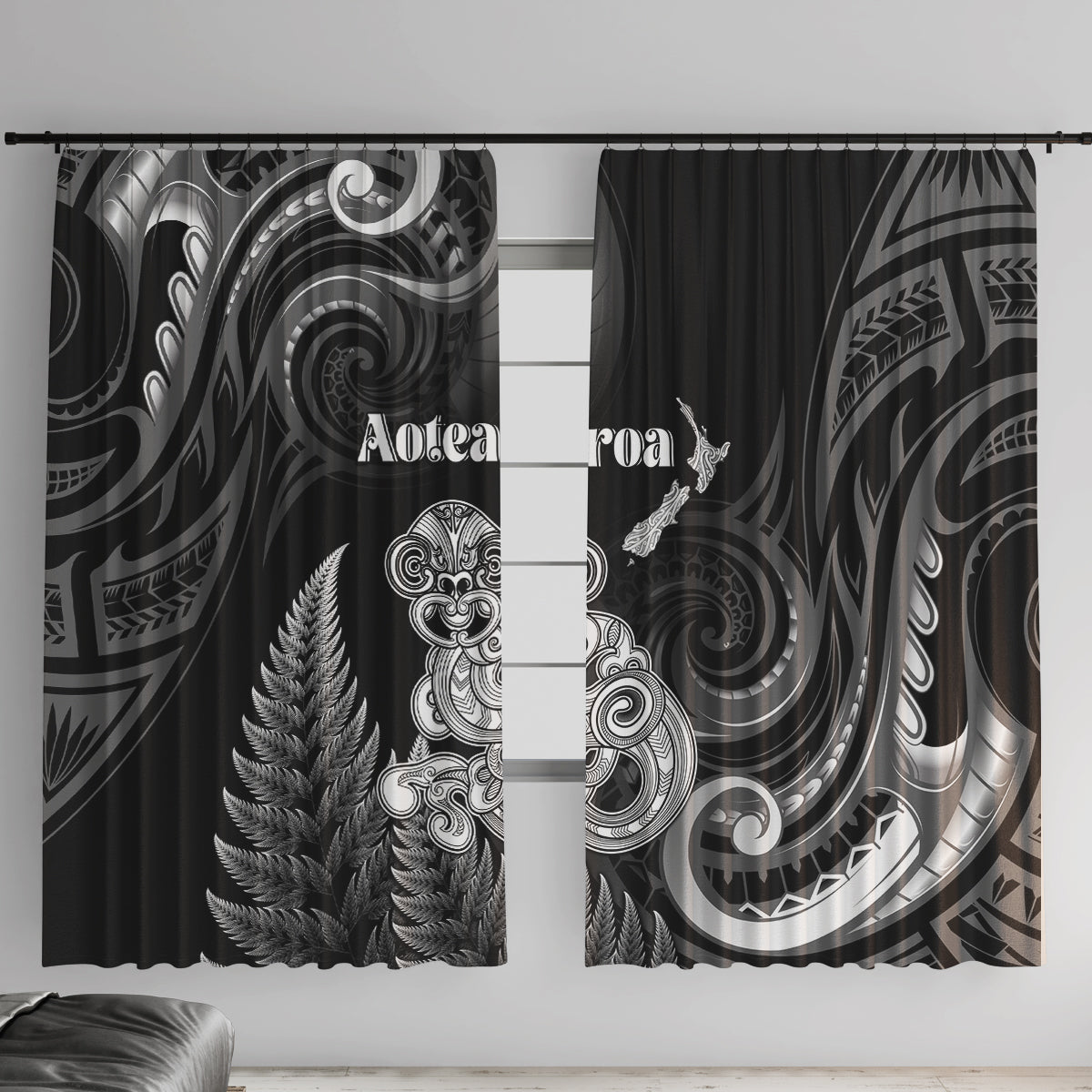 New Zealand Maori Taniwha Window Curtain Silver Fern Black Version