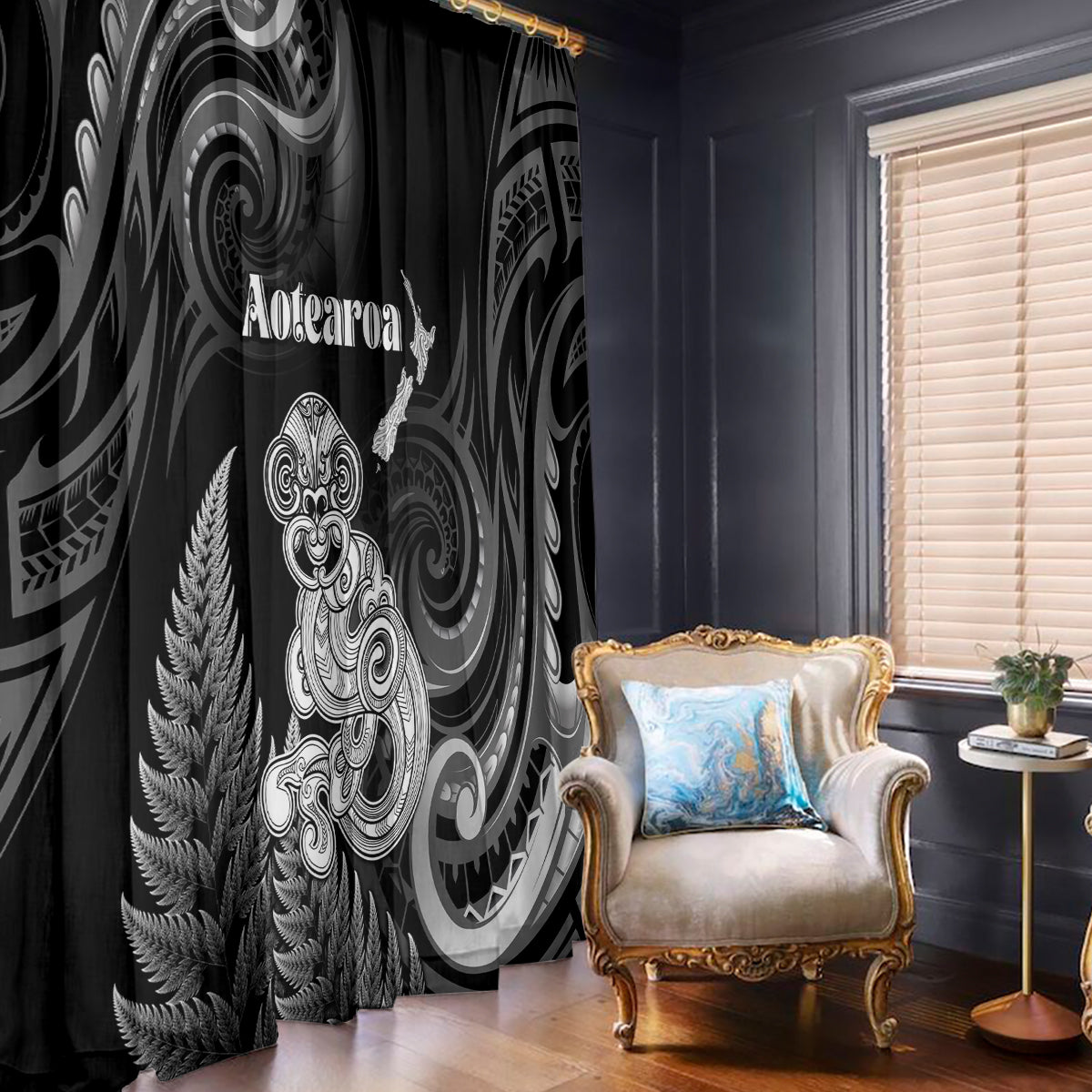 New Zealand Maori Taniwha Window Curtain Silver Fern Black Version