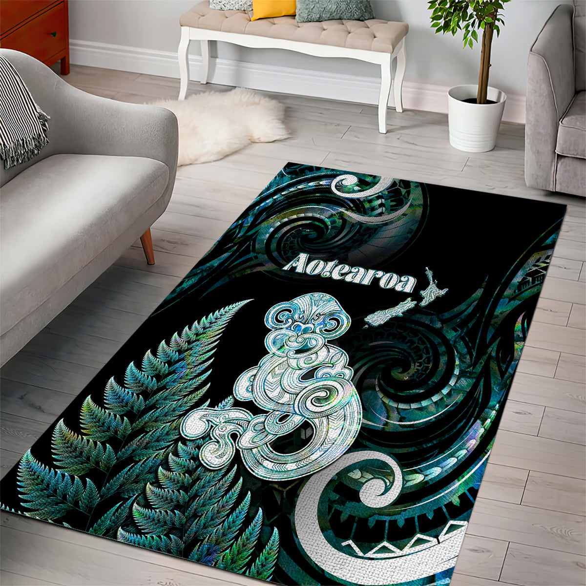 New Zealand Maori Taniwha Area Rug Silver Fern Paua Shell Version