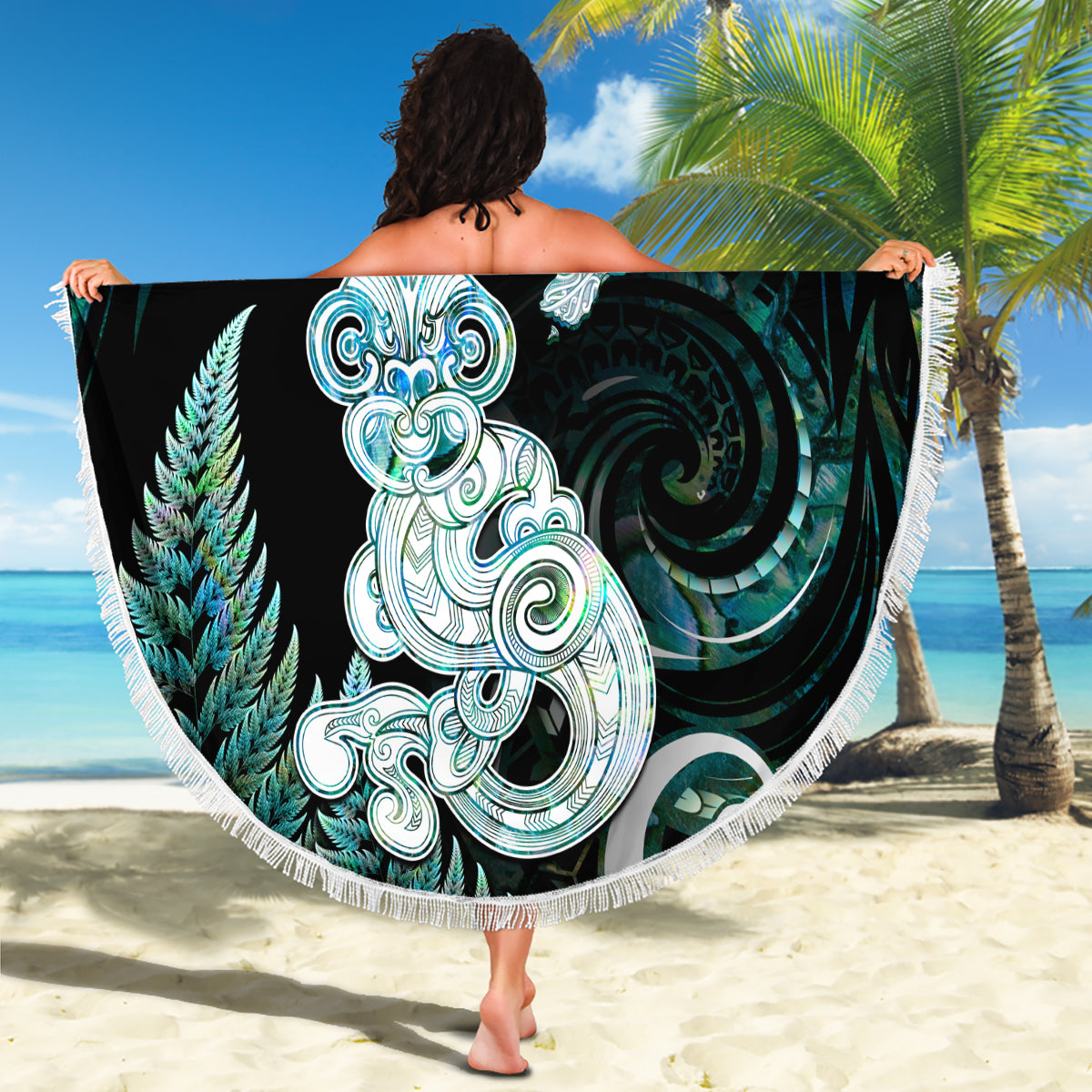 New Zealand Maori Taniwha Beach Blanket Silver Fern Paua Shell Version