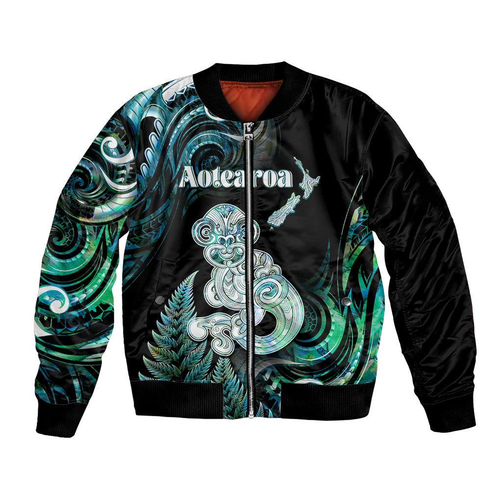 Personalised New Zealand Maori Taniwha Bomber Jacket Silver Fern Paua Shell Version LT05 Unisex Turquoise - Polynesian Pride