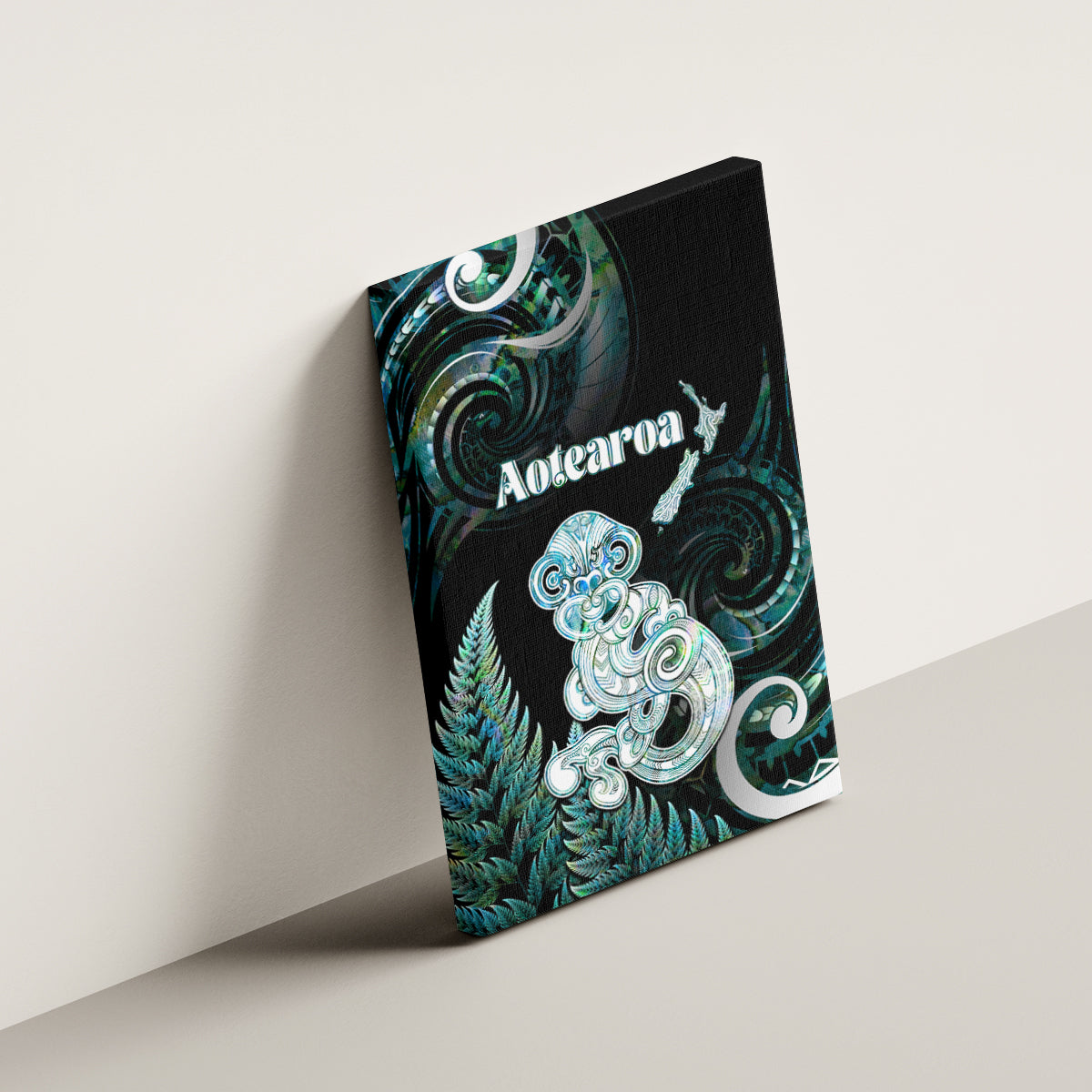 New Zealand Maori Taniwha Canvas Wall Art Silver Fern Paua Shell Version