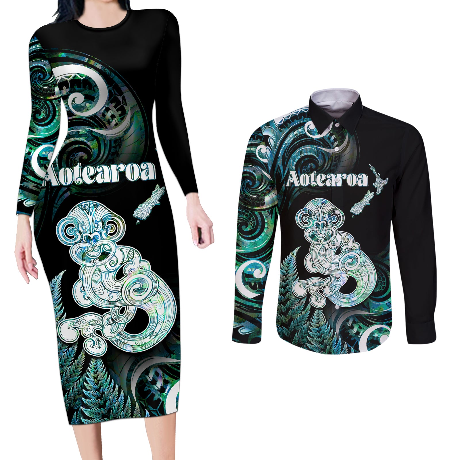 Personalised New Zealand Maori Taniwha Couples Matching Long Sleeve Bodycon Dress and Long Sleeve Button Shirt Silver Fern Paua Shell Version LT05 Turquoise - Polynesian Pride