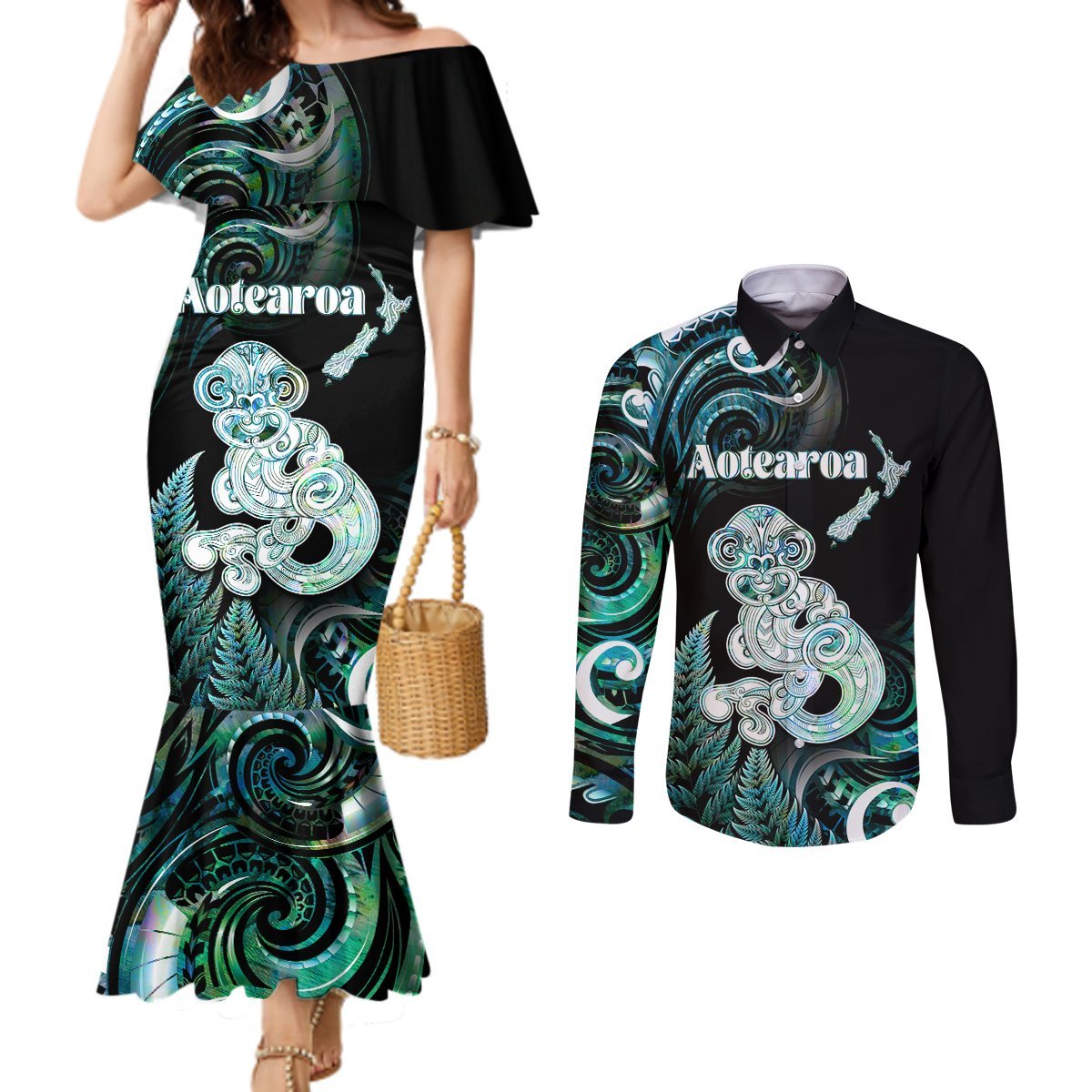 Personalised New Zealand Maori Taniwha Couples Matching Mermaid Dress and Long Sleeve Button Shirt Silver Fern Paua Shell Version LT05 Turquoise - Polynesian Pride