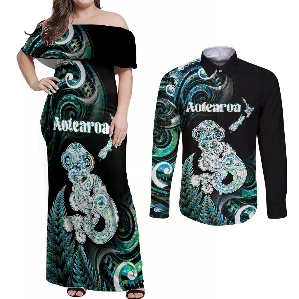 Personalised New Zealand Maori Taniwha Couples Matching Off Shoulder Maxi Dress and Long Sleeve Button Shirt Silver Fern Paua Shell Version LT05 Turquoise - Polynesian Pride