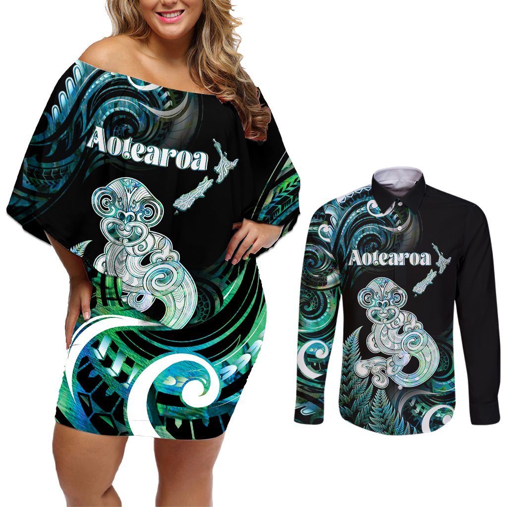 Personalised New Zealand Maori Taniwha Couples Matching Off Shoulder Short Dress and Long Sleeve Button Shirt Silver Fern Paua Shell Version LT05 Turquoise - Polynesian Pride