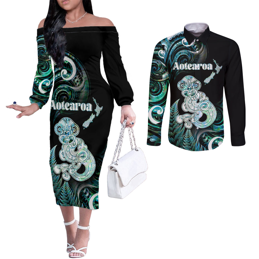 Personalised New Zealand Maori Taniwha Couples Matching Off The Shoulder Long Sleeve Dress and Long Sleeve Button Shirt Silver Fern Paua Shell Version LT05 Turquoise - Polynesian Pride