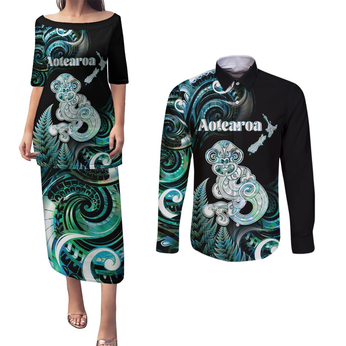 Personalised New Zealand Maori Taniwha Couples Matching Puletasi and Long Sleeve Button Shirt Silver Fern Paua Shell Version LT05 Turquoise - Polynesian Pride