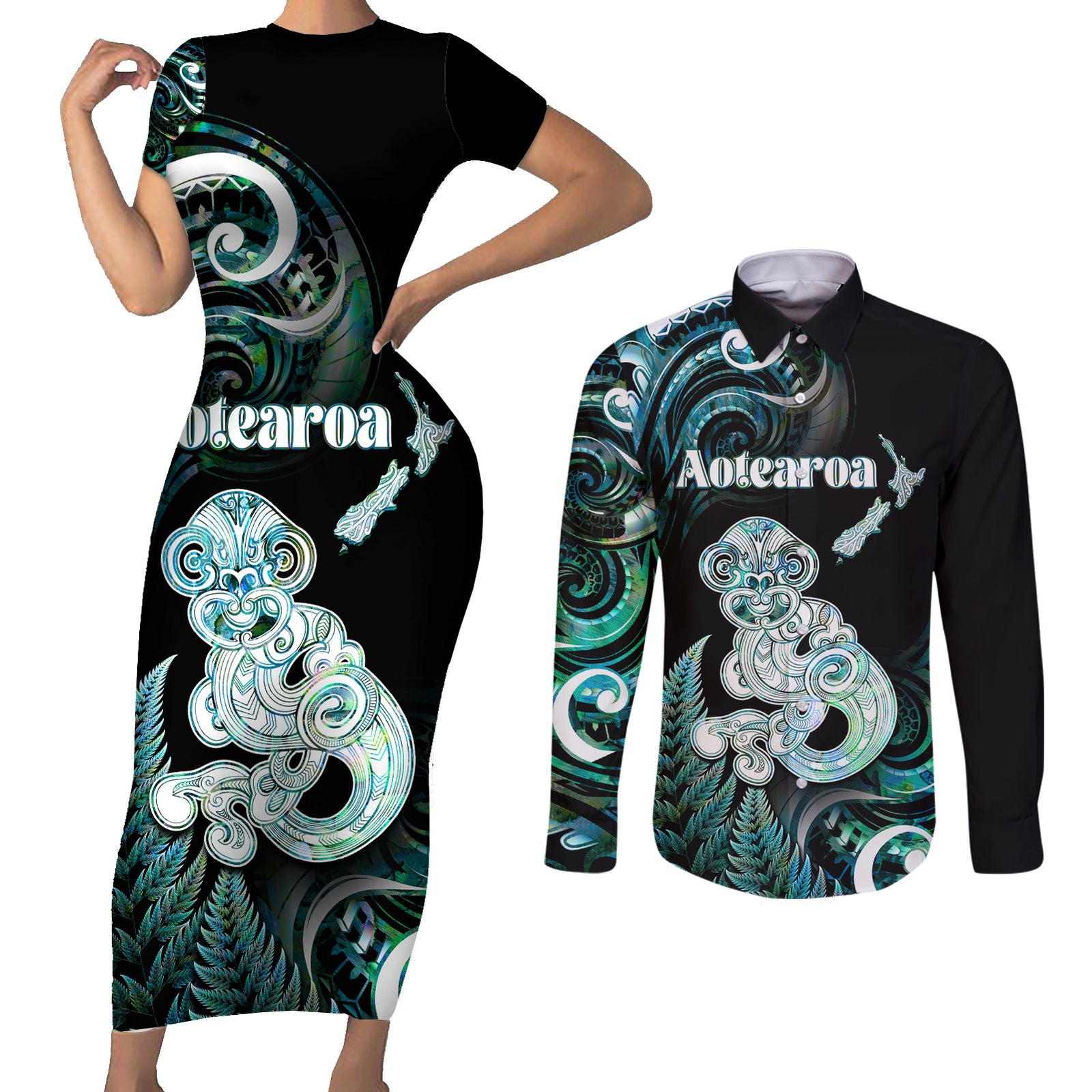 Personalised New Zealand Maori Taniwha Couples Matching Short Sleeve Bodycon Dress and Long Sleeve Button Shirt Silver Fern Paua Shell Version LT05 Turquoise - Polynesian Pride
