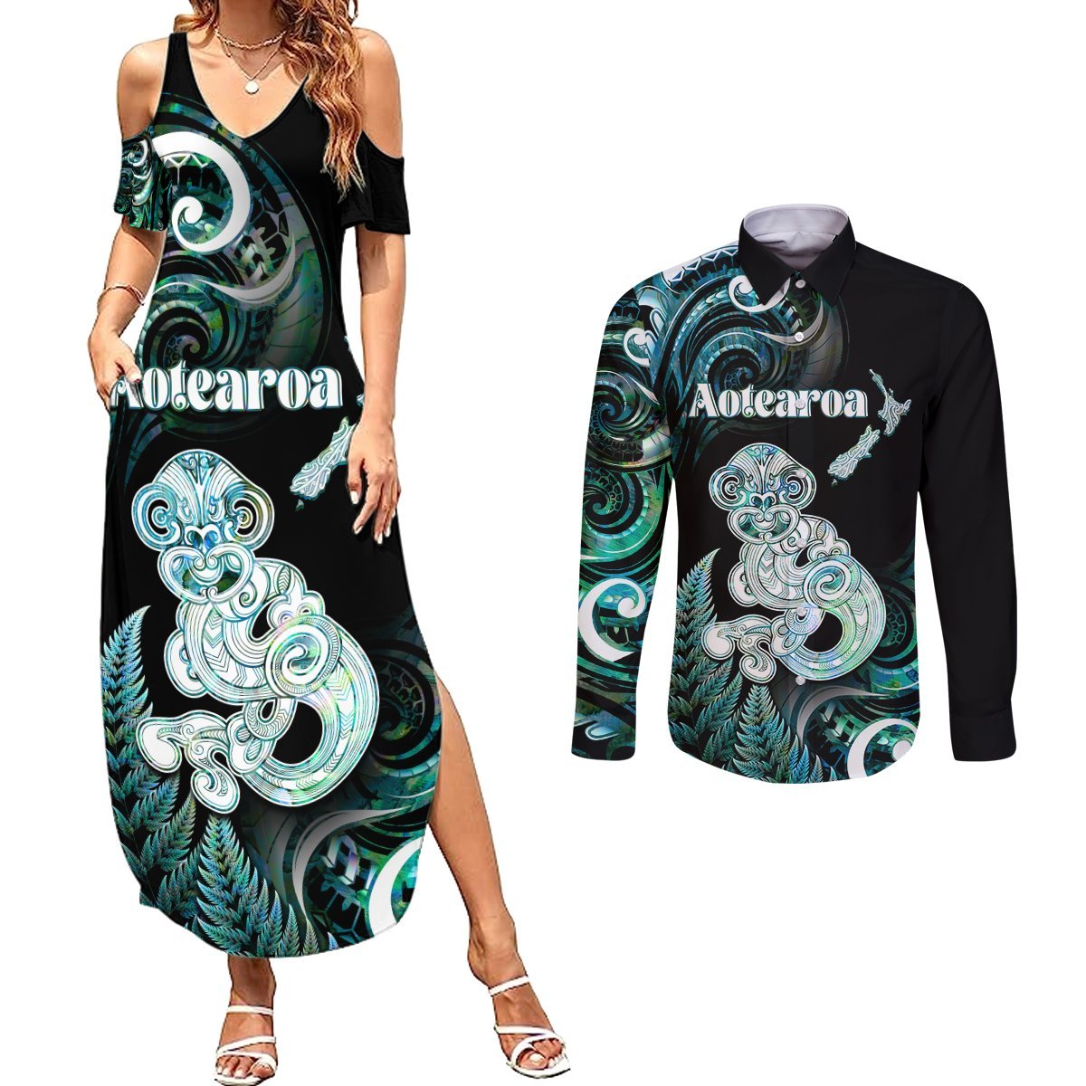Personalised New Zealand Maori Taniwha Couples Matching Summer Maxi Dress and Long Sleeve Button Shirt Silver Fern Paua Shell Version LT05 Turquoise - Polynesian Pride