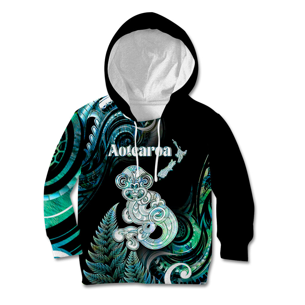 Personalised New Zealand Maori Taniwha Kid Hoodie Silver Fern Paua Shell Version