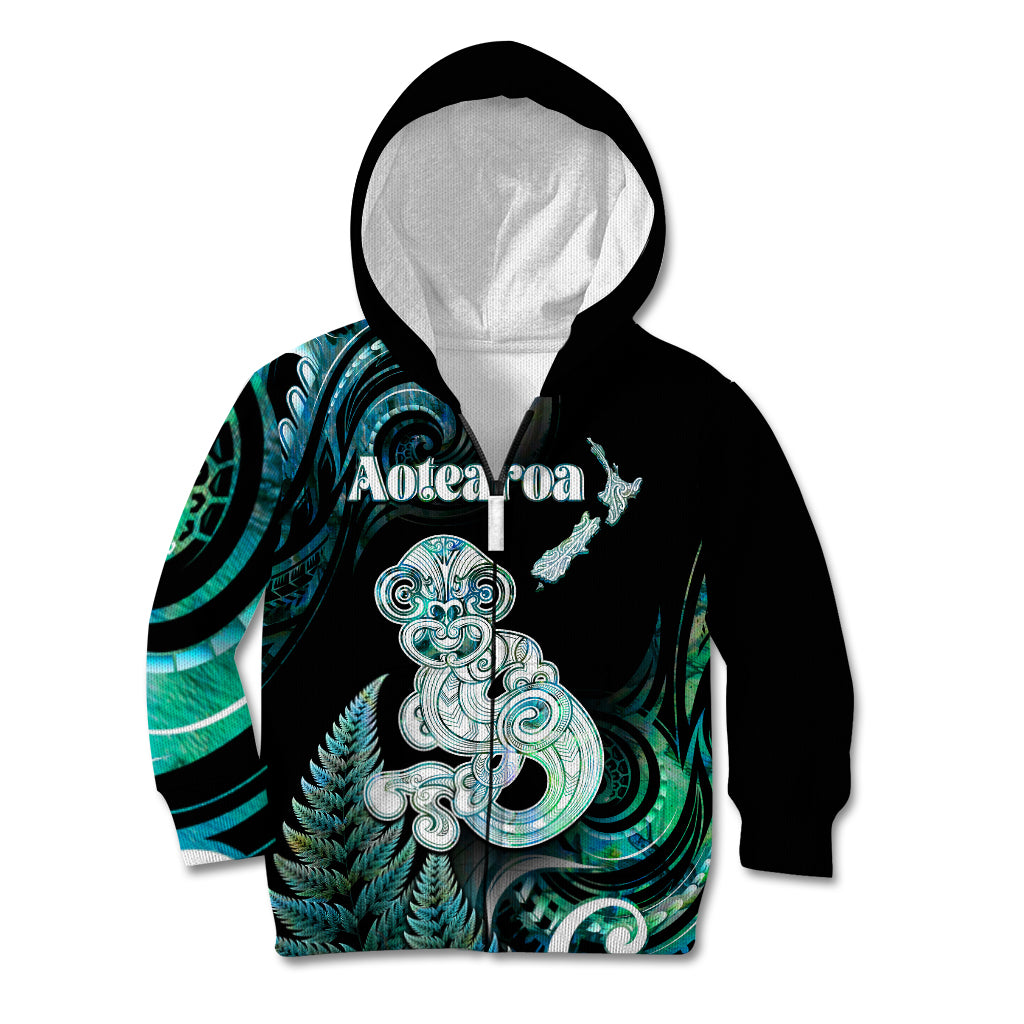 Personalised New Zealand Maori Taniwha Kid Hoodie Silver Fern Paua Shell Version