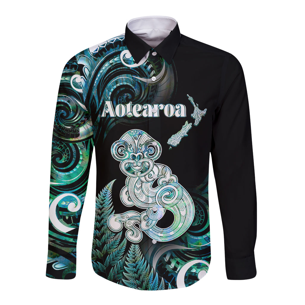 Personalised New Zealand Maori Taniwha Long Sleeve Button Shirt Silver Fern Paua Shell Version LT05 Unisex Turquoise - Polynesian Pride