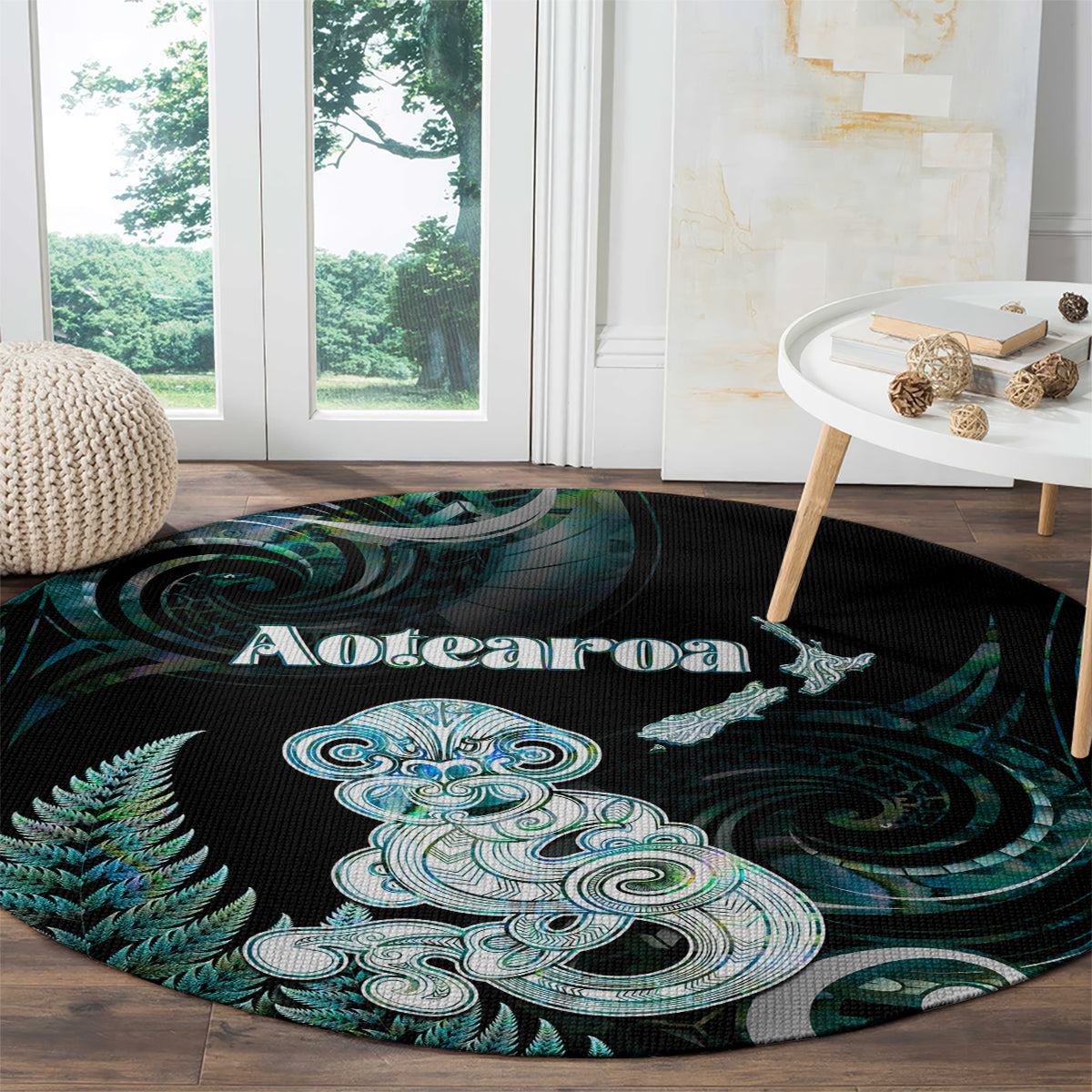 New Zealand Maori Taniwha Round Carpet Silver Fern Paua Shell Version