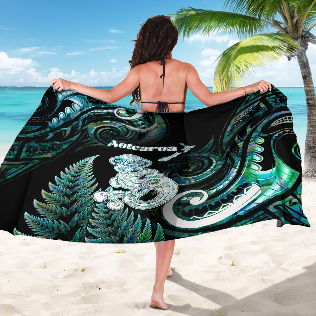 New Zealand Maori Taniwha Sarong Silver Fern Paua Shell Version