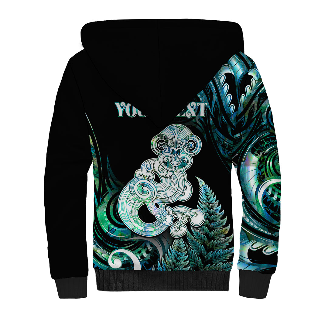 Personalised New Zealand Maori Taniwha Sherpa Hoodie Silver Fern Paua Shell Version