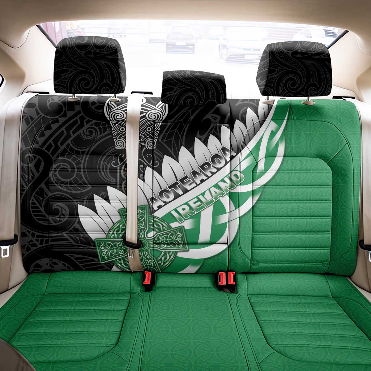 New Zealand And Ireland Rugby Back Car Seat Cover Silver Fern With Celtic Cross