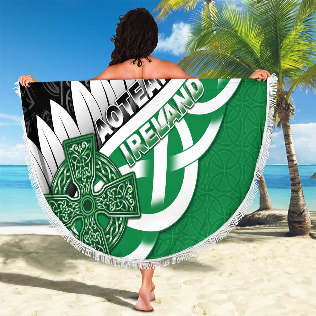 New Zealand And Ireland Rugby Beach Blanket Silver Fern With Celtic Cross