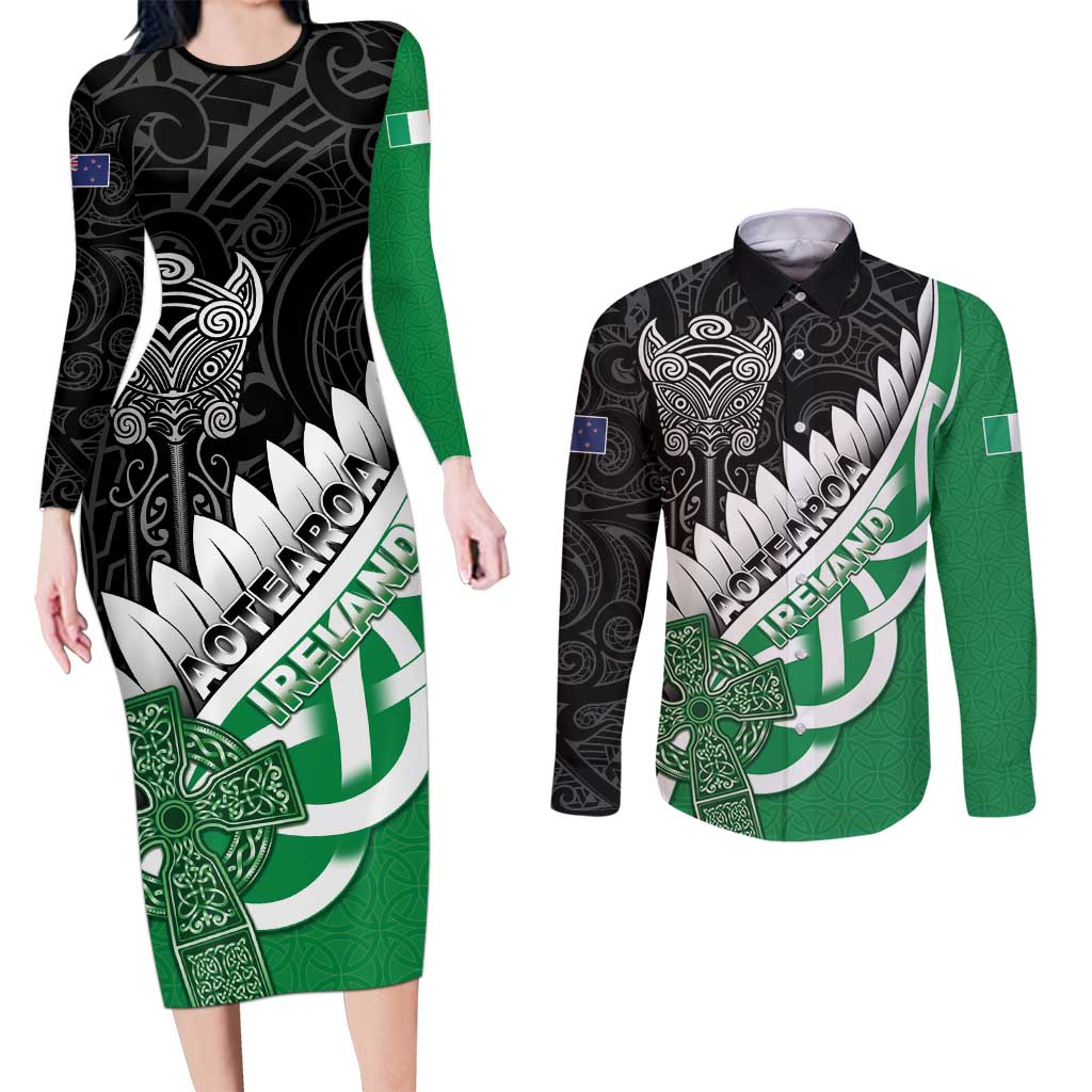 New Zealand And Ireland Rugby Custom Couples Matching Long Sleeve Bodycon Dress and Long Sleeve Button Shirt Silver Fern With Celtic Cross