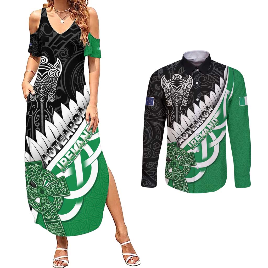New Zealand And Ireland Rugby Custom Couples Matching Summer Maxi Dress and Long Sleeve Button Shirt Silver Fern With Celtic Cross