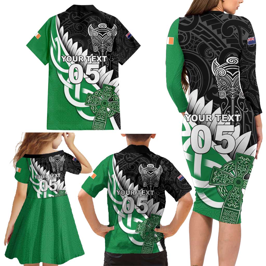 New Zealand And Ireland Rugby Custom Family Matching Long Sleeve Bodycon Dress and Hawaiian Shirt Silver Fern With Celtic Cross