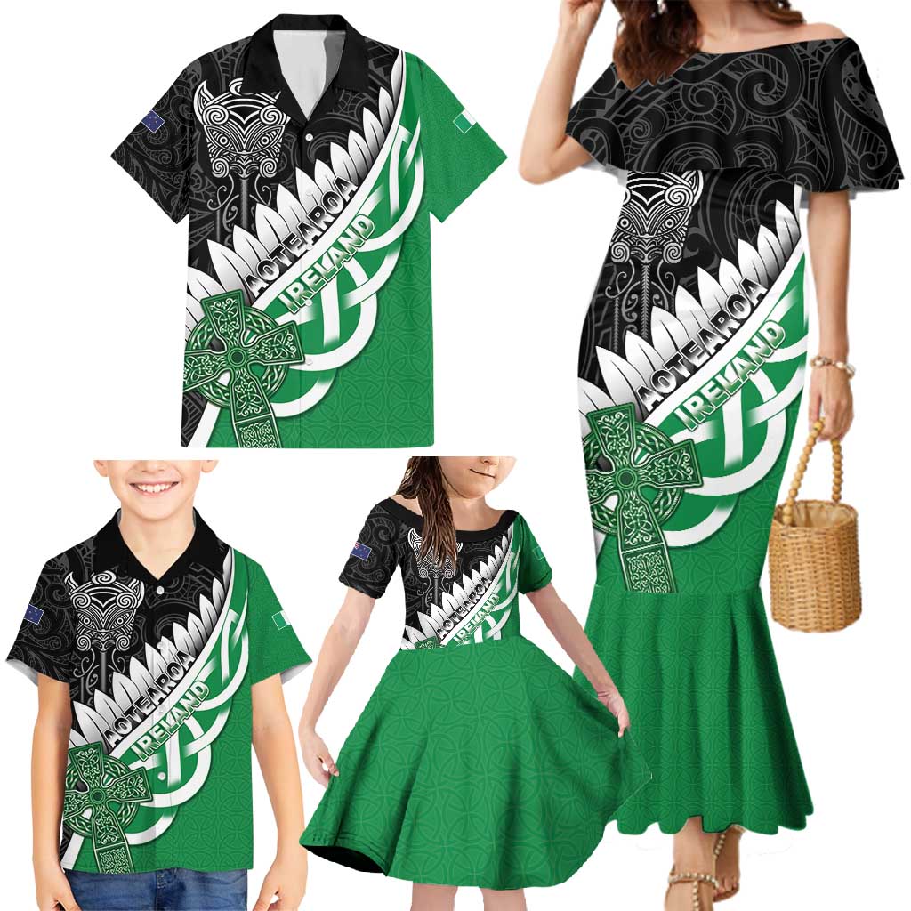 New Zealand And Ireland Rugby Custom Family Matching Mermaid Dress and Hawaiian Shirt Silver Fern With Celtic Cross
