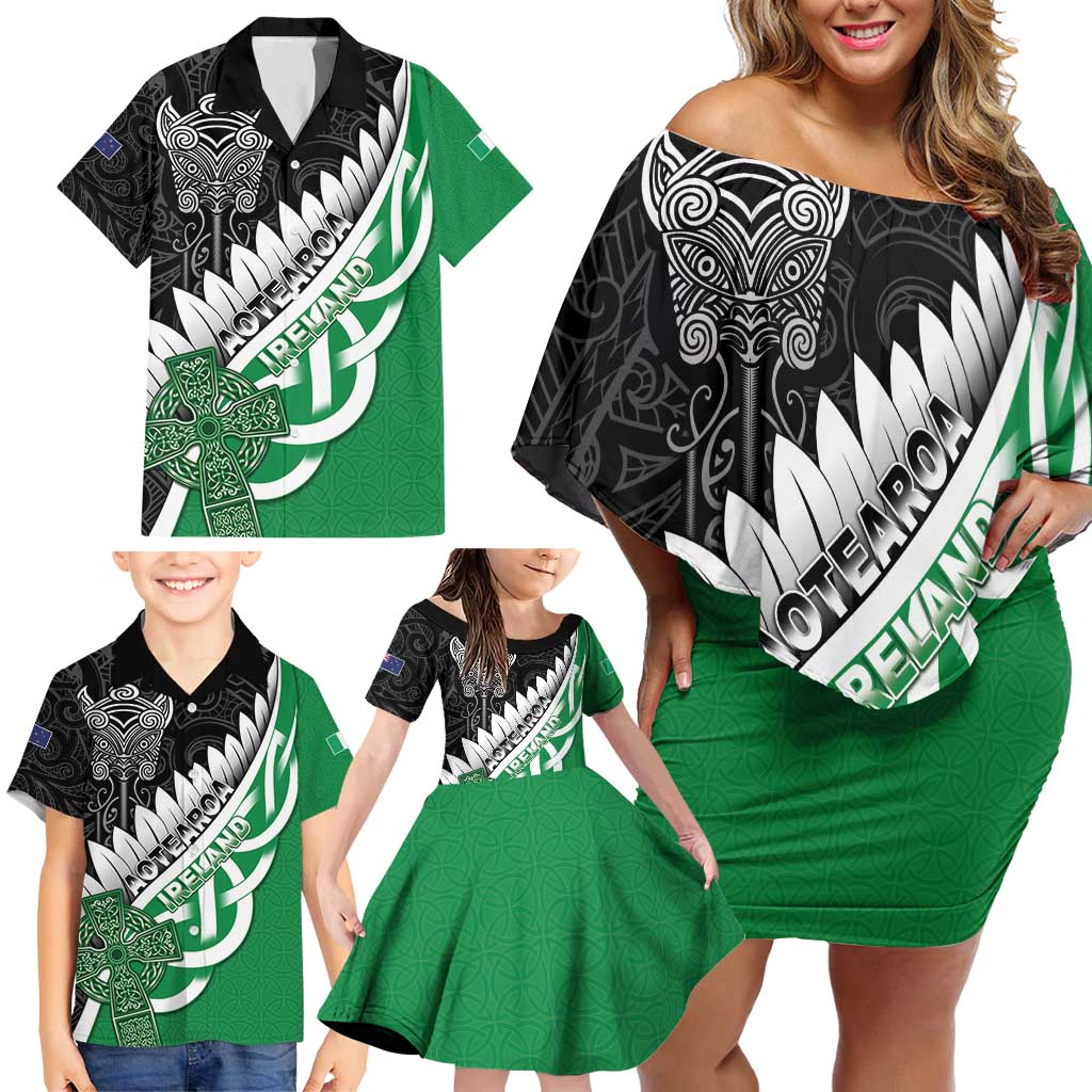 New Zealand And Ireland Rugby Custom Family Matching Off Shoulder Short Dress and Hawaiian Shirt Silver Fern With Celtic Cross