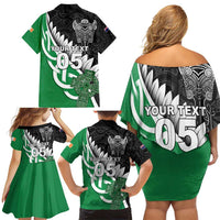 New Zealand And Ireland Rugby Custom Family Matching Off Shoulder Short Dress and Hawaiian Shirt Silver Fern With Celtic Cross