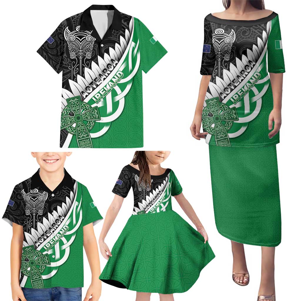 New Zealand And Ireland Rugby Custom Family Matching Puletasi and Hawaiian Shirt Silver Fern With Celtic Cross