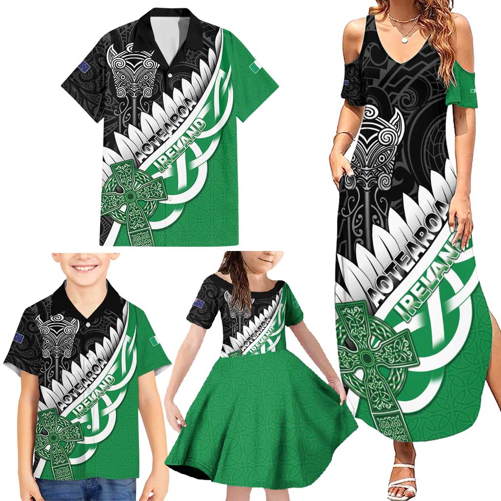 New Zealand And Ireland Rugby Custom Family Matching Summer Maxi Dress and Hawaiian Shirt Silver Fern With Celtic Cross