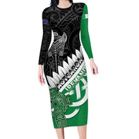 New Zealand And Ireland Rugby Custom Long Sleeve Bodycon Dress Silver Fern With Celtic Cross