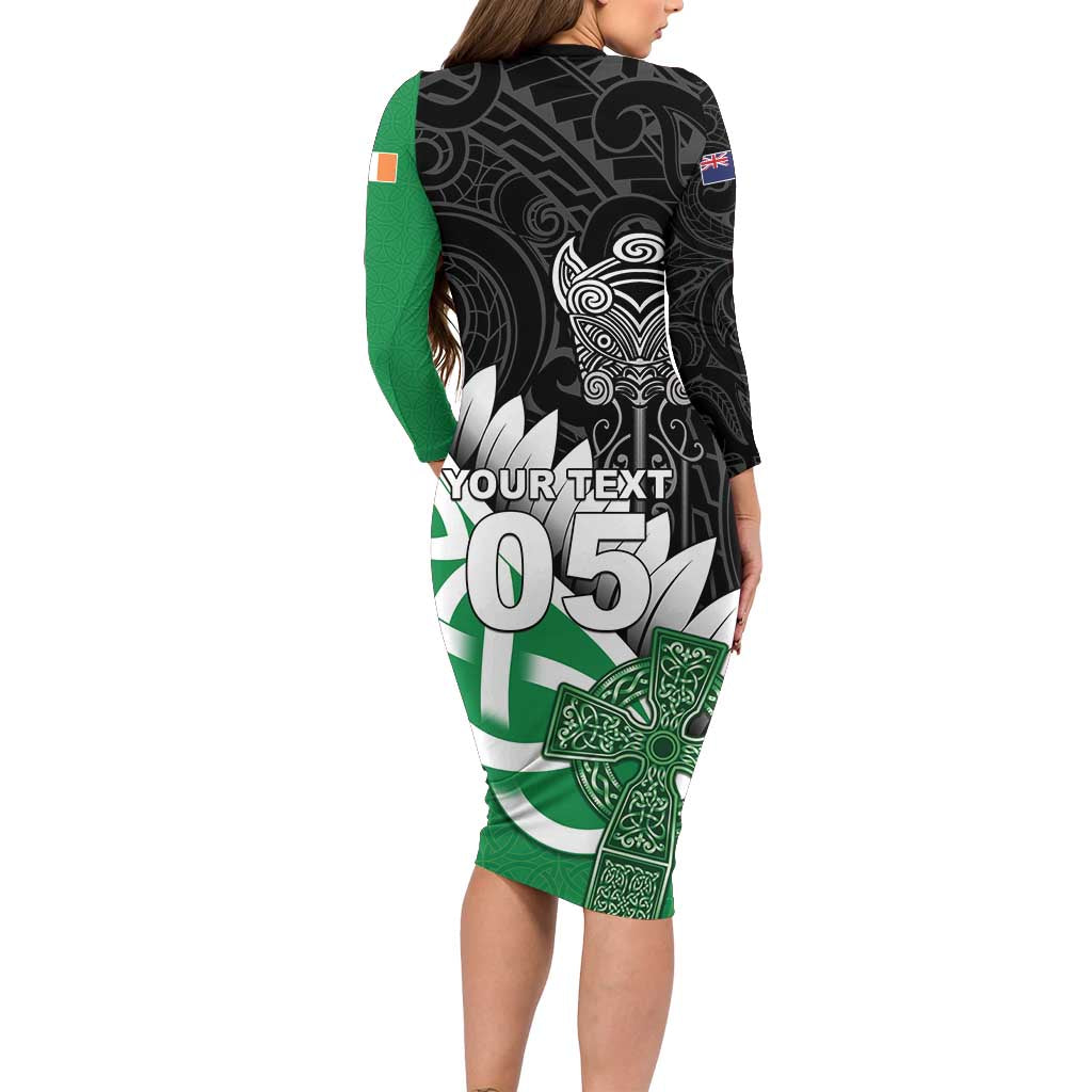 New Zealand And Ireland Rugby Custom Long Sleeve Bodycon Dress Silver Fern With Celtic Cross
