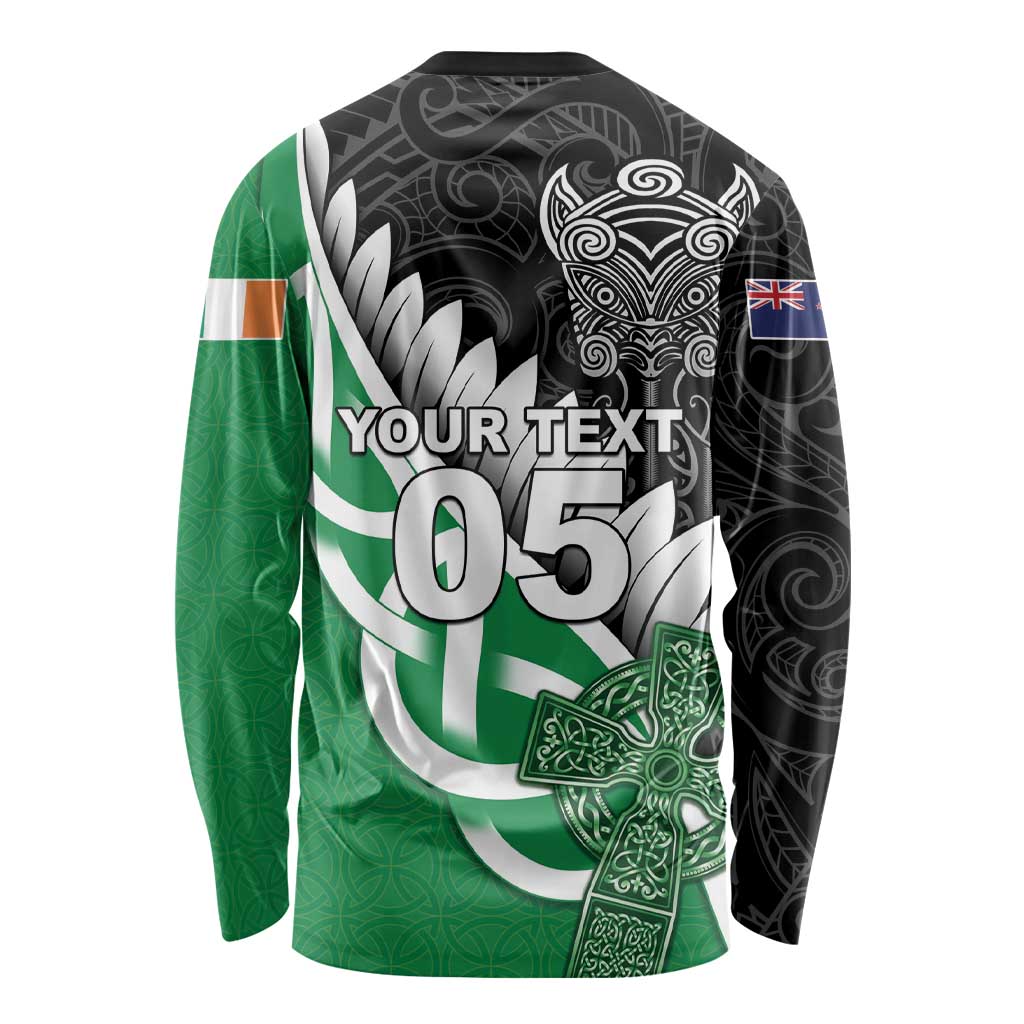 New Zealand And Ireland Rugby Custom Long Sleeve Shirt Silver Fern With Celtic Cross