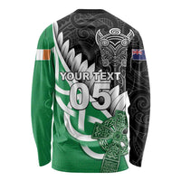 New Zealand And Ireland Rugby Custom Long Sleeve Shirt Silver Fern With Celtic Cross