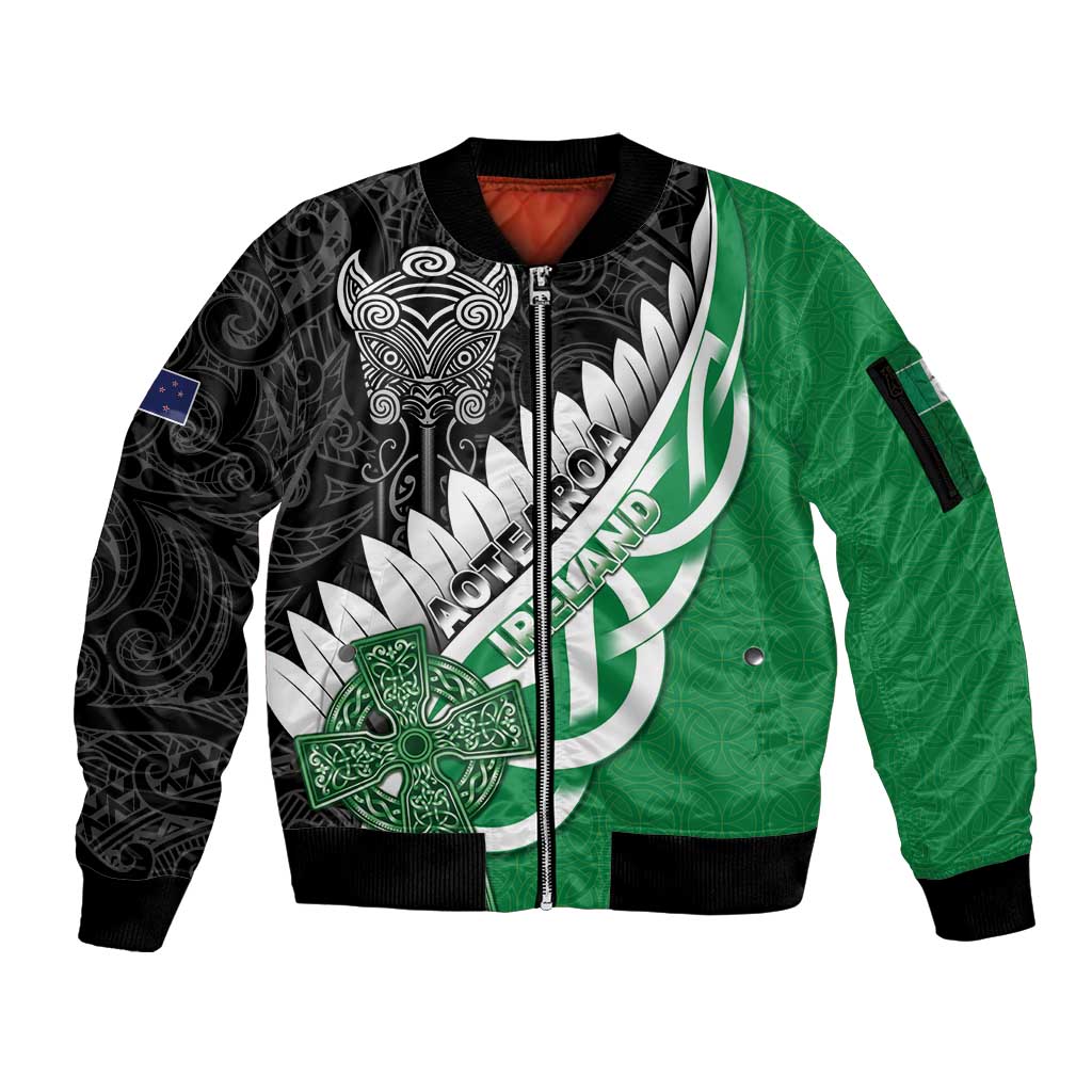 New Zealand And Ireland Rugby Custom Sleeve Zip Bomber Jacket Silver Fern With Celtic Cross
